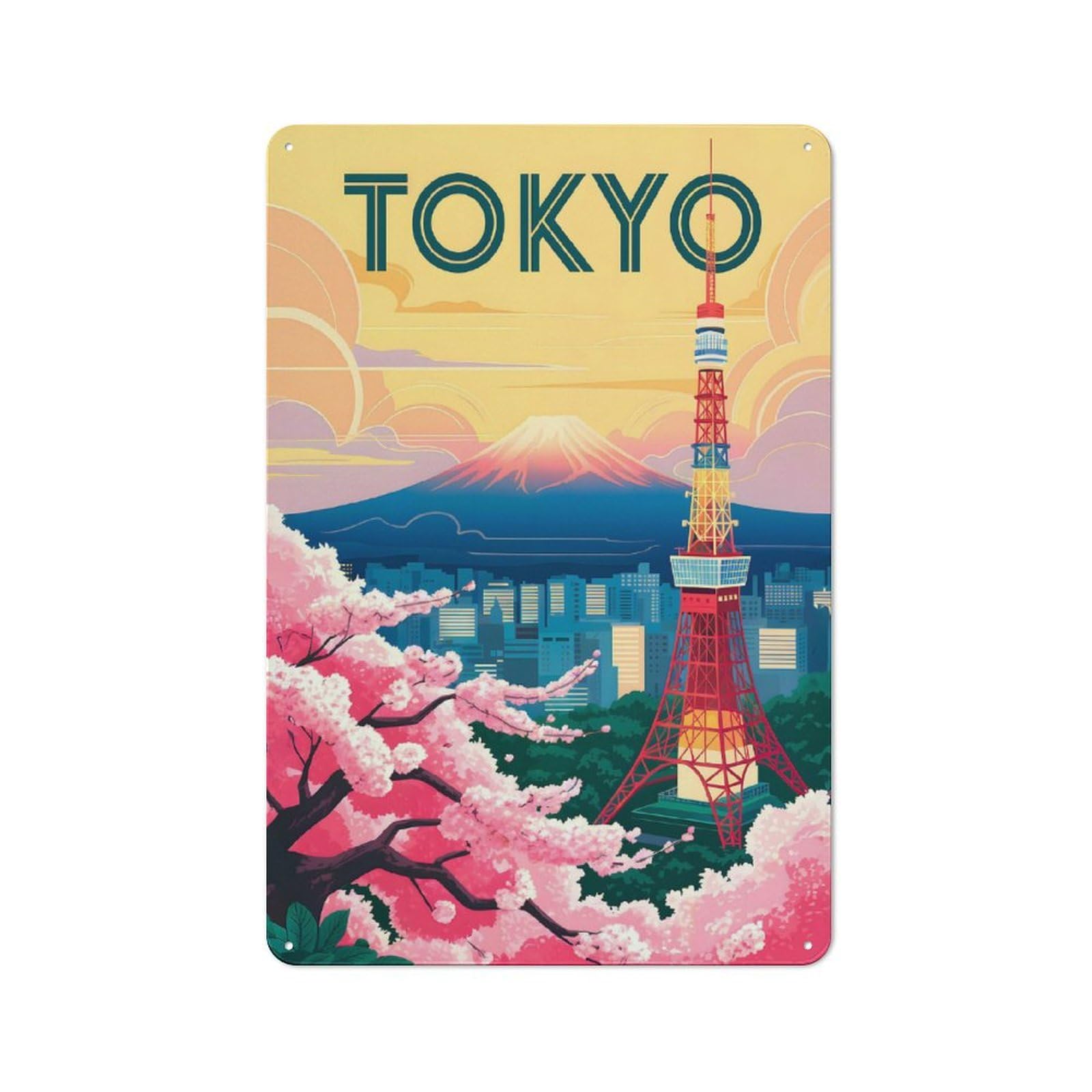 Junmoney Tokyo Tower And Mount Fuji Art Tin Wall Plaque 30X20cm With For Garage Or Workshop, For Kitchen, Dining Room And Home Bar Wall Decor