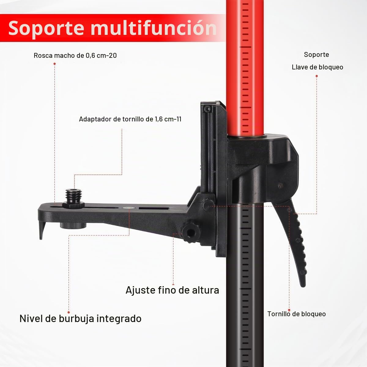 Barra de nivelación láser telescópica con trípode, extensible hasta 4,2 m, con soporte láser de 1/4 x 20 pulgadas, incluye tuerca adaptadora de 5/8"-11, color rojo