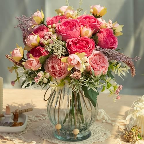 Miniatura 10 de JARELING Peonías artificiales de seda en jarrón de vidrio, ramos de flores sintéticas, arreglo moderno de Penoy, paquete de 4 unidades para