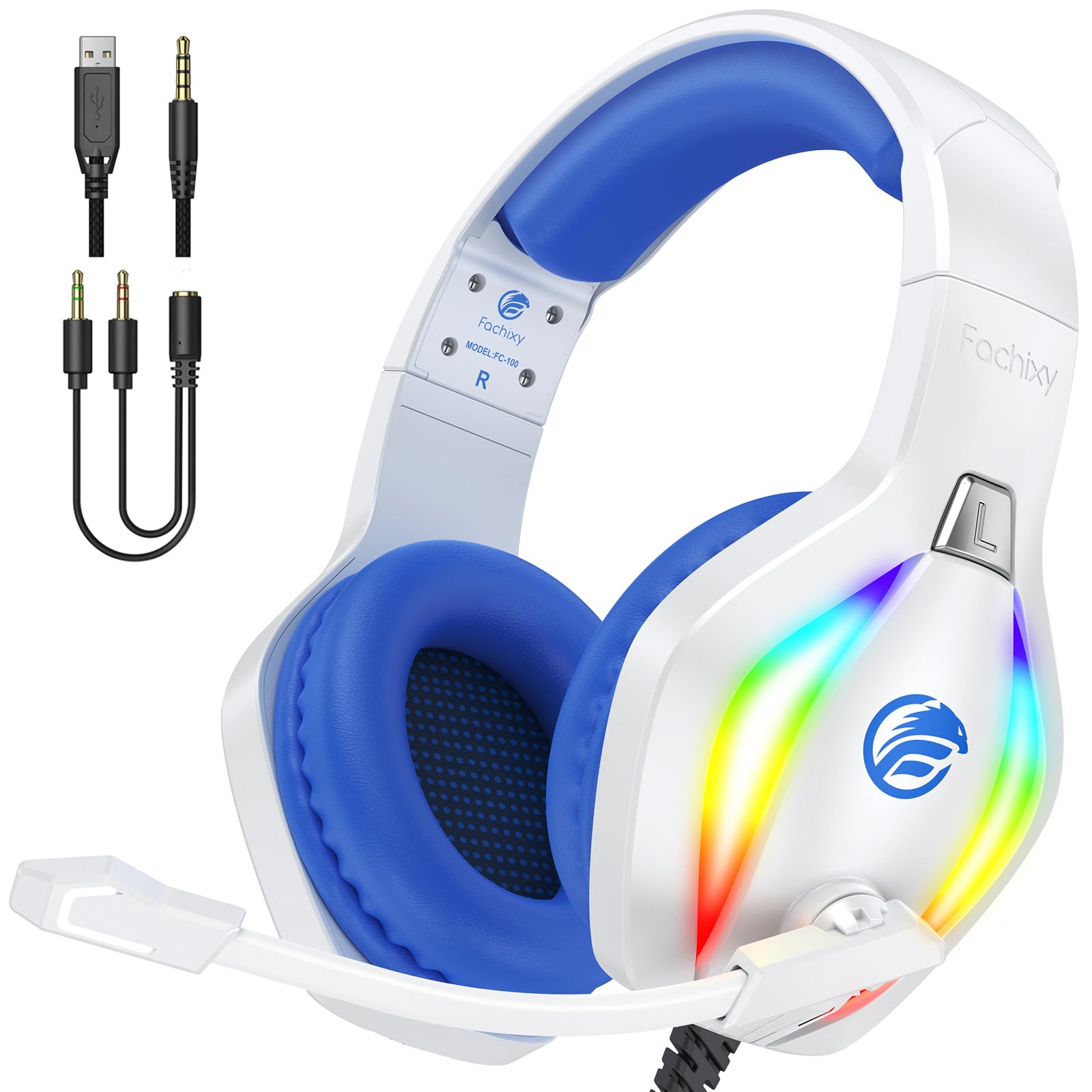 Fachixy FC100 Gaming Headset for PS4, PS5, PC, Xbox One, Switch, Noise Cancelling Gaming Headphones, Headphones with Microphone Stereo Sound, PS4 Headset with 3.5 mm Jack with RGB Light