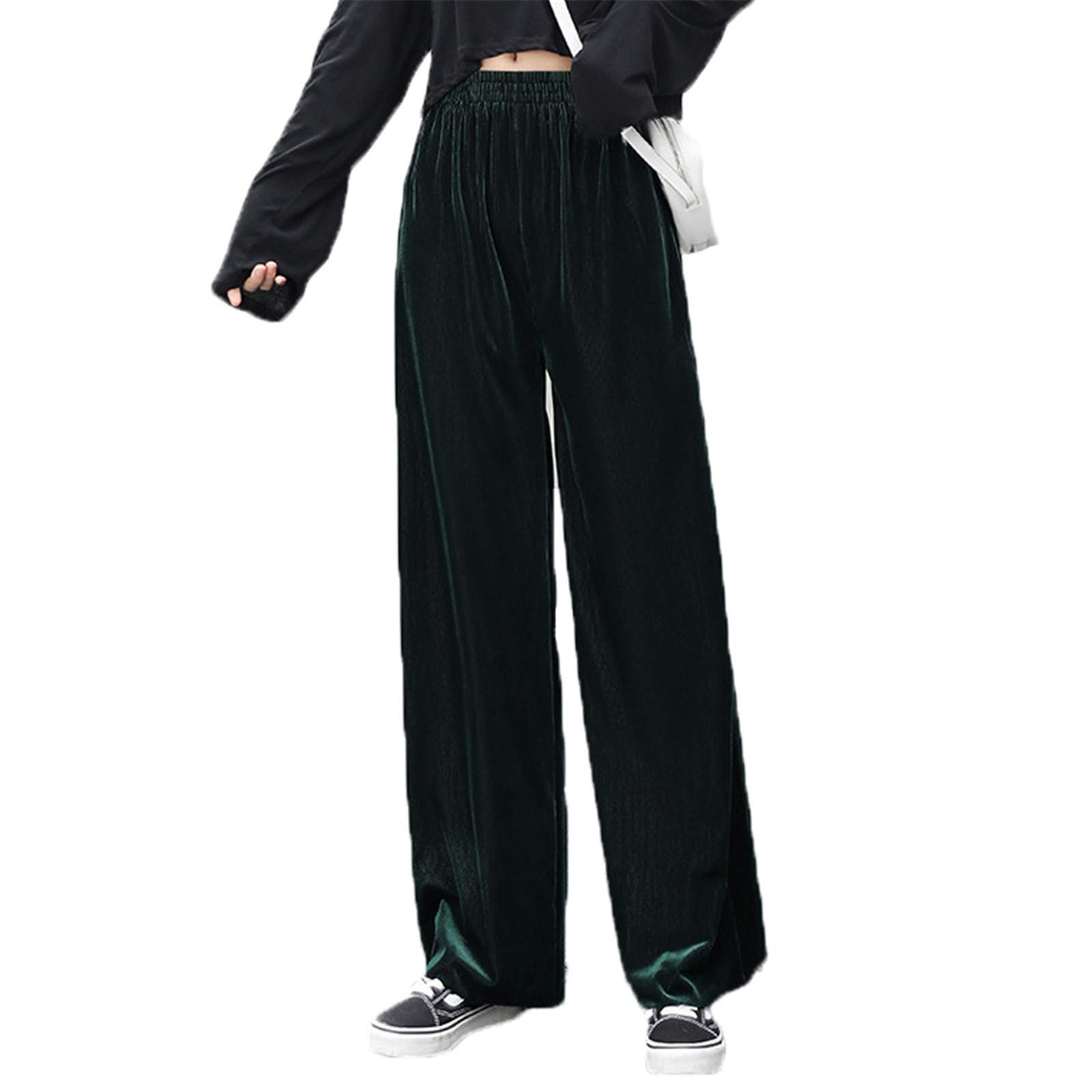 Andongnywell Womens Casual Pants Elastic Waist Loose fit Wide-Leg Pleated Palazzo Pants Velvet Pants