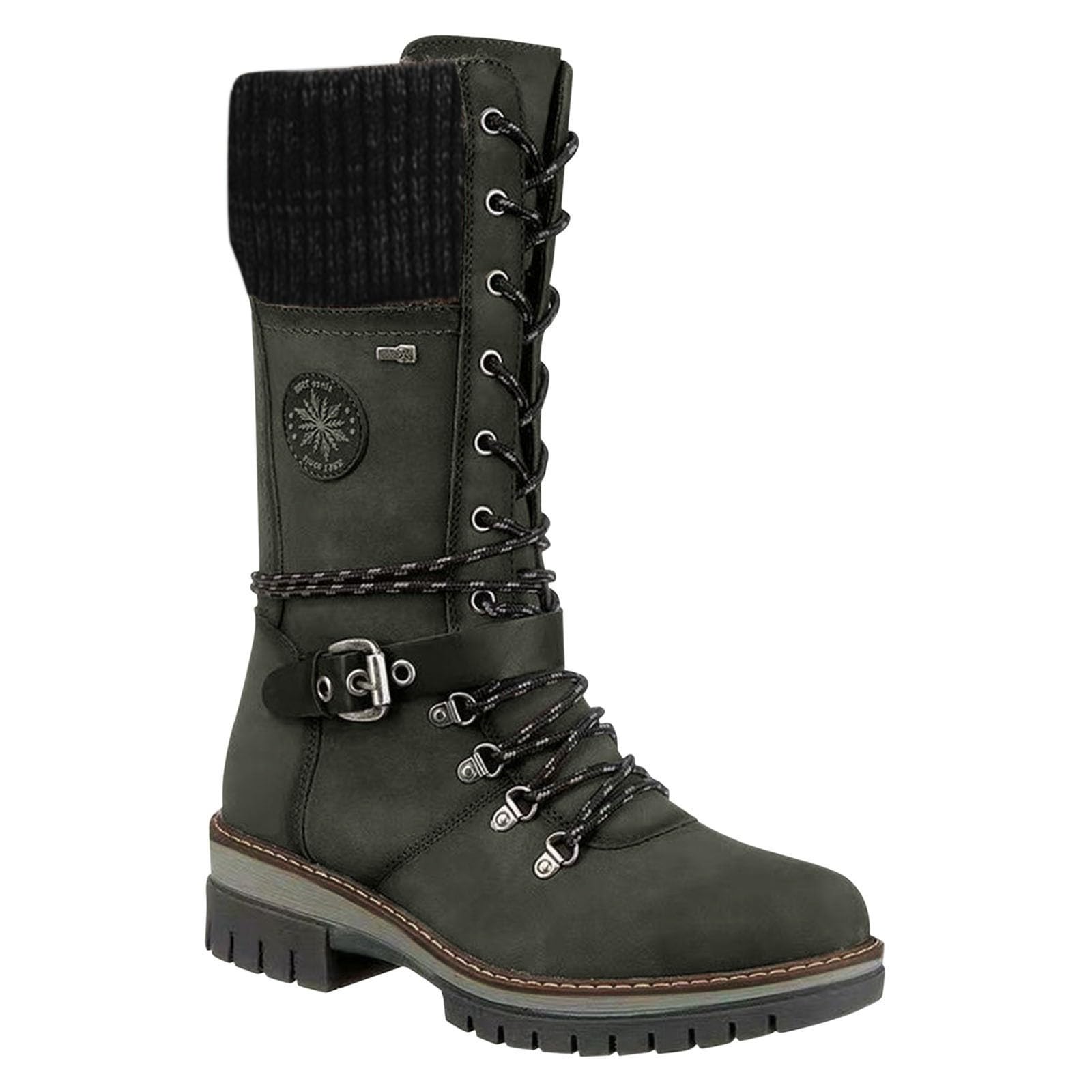 Generisch Botas de invierno para mujer, botas altas y cálidas, largas botas de invierno, botas de punta redonda, tacón de bloque, botas largas, hebilla de cinturón, botas de equitación
