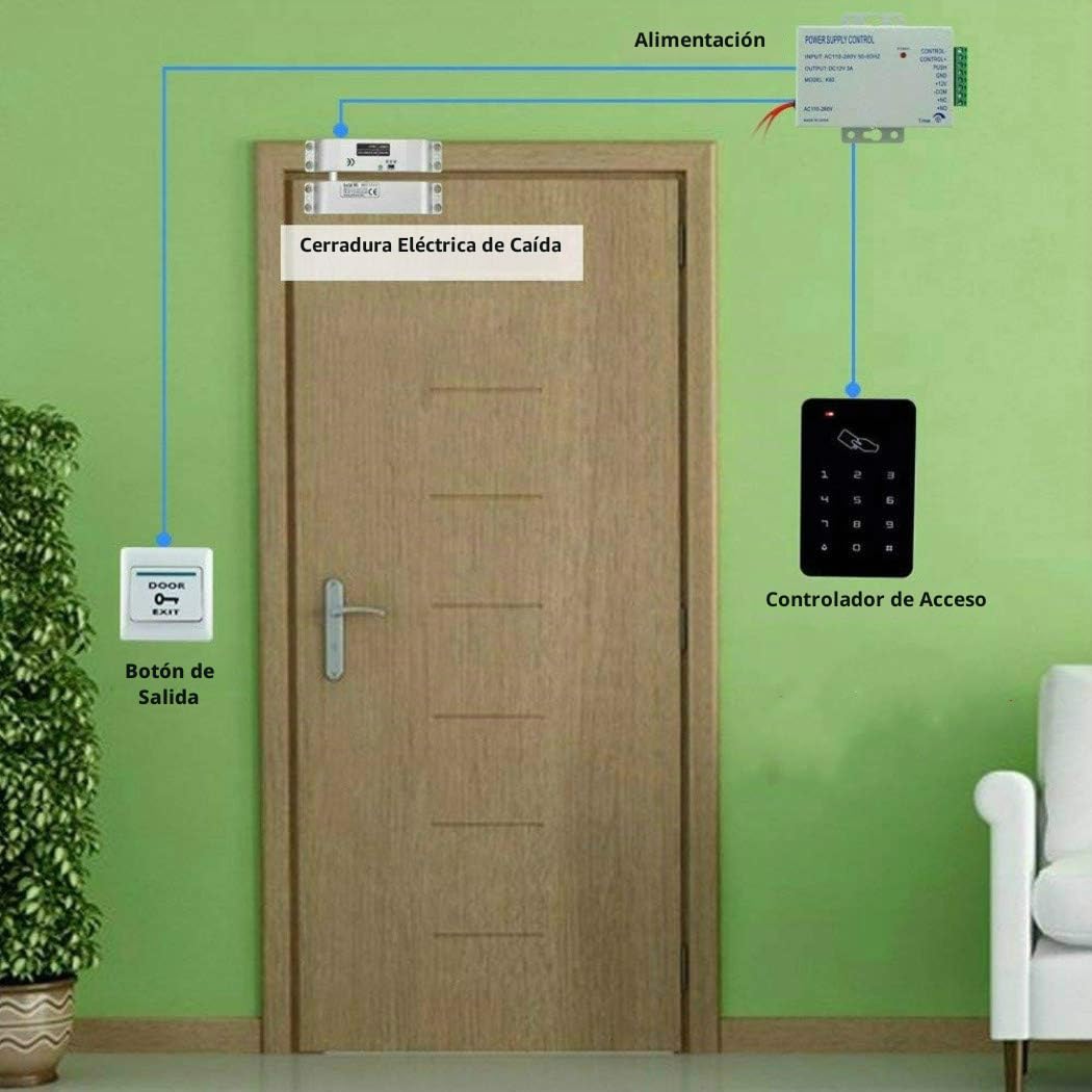YAVIS Kit de Conjunto Completo de Teclado de Control de Acceso RFID 125KHz con DC12V Cerradura Eléctrica Cerradura de Perno Electrónico, 3A Fuente de Alimentación, Botón de Salida, 10pcs ID llaveros