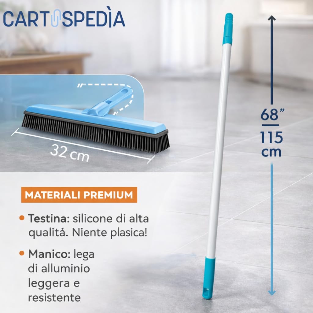 Scopa in Silicone Elettrostatica con Manico - Cattura Polvere e Peli Animali - Setole Flessibili per Tappeti, Divani e Pavimenti - Lavabile e Igienica