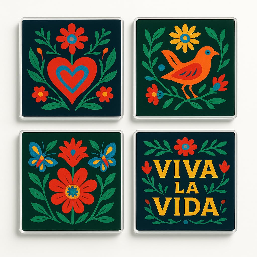 The Plum Penguin Kahlos Garden Joy Acrylic Coaster Gift Set Of 4 With Frida Kahlo Botanical Art - Vibrant Home Decor For Art Lover Celebrations