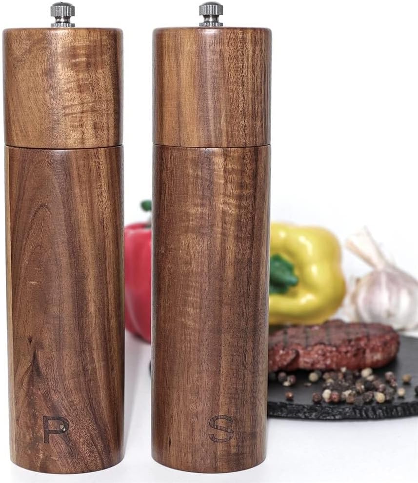 Wooden Salt and Pepper Grinders Set - Manual Acacia Wood Mills for Sea Salt, Pepper, and Seasonings - Elegant Tableware