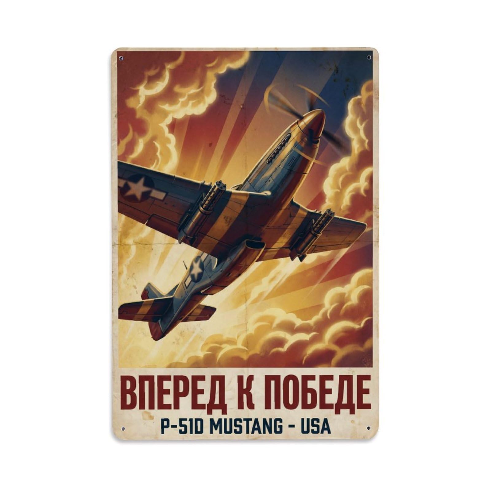 Vintage Heroic P-51D Mustang Military Aviation Metal Tin Sign Plaque Wall Decor for Cafe, Man Cave, Club Bar, Office, Home Garden Round Metal Poster 8x12Inch