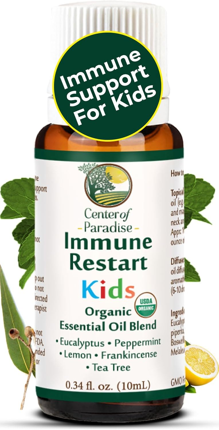 Center of Paradise Immune Restart Kids Organic Essential Oil Blend for Immune Support (10 ml) – USDA Certified, Pure & Non-GMO Blend of Peppermint, Tea Tree, Lemon, Frankincense and Eucalyptus Oils