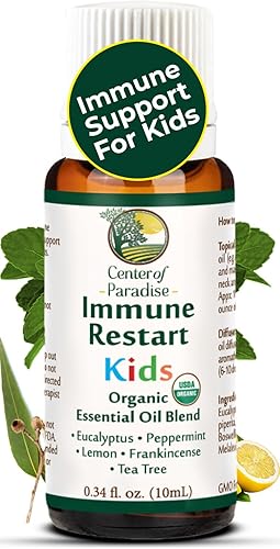 Center of Paradise Immune Restart Kids Mezcla de aceites esenciales orgánicos para apoyo inmunológico (0.3 onzas líquidas), certificado por USDA,