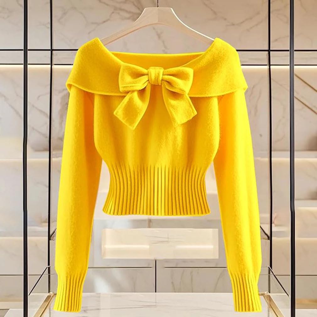 Women's Bow Sweater Foldover Cinched Waist Crop Tops Trendy Fall Winter Soft Knit Pullover