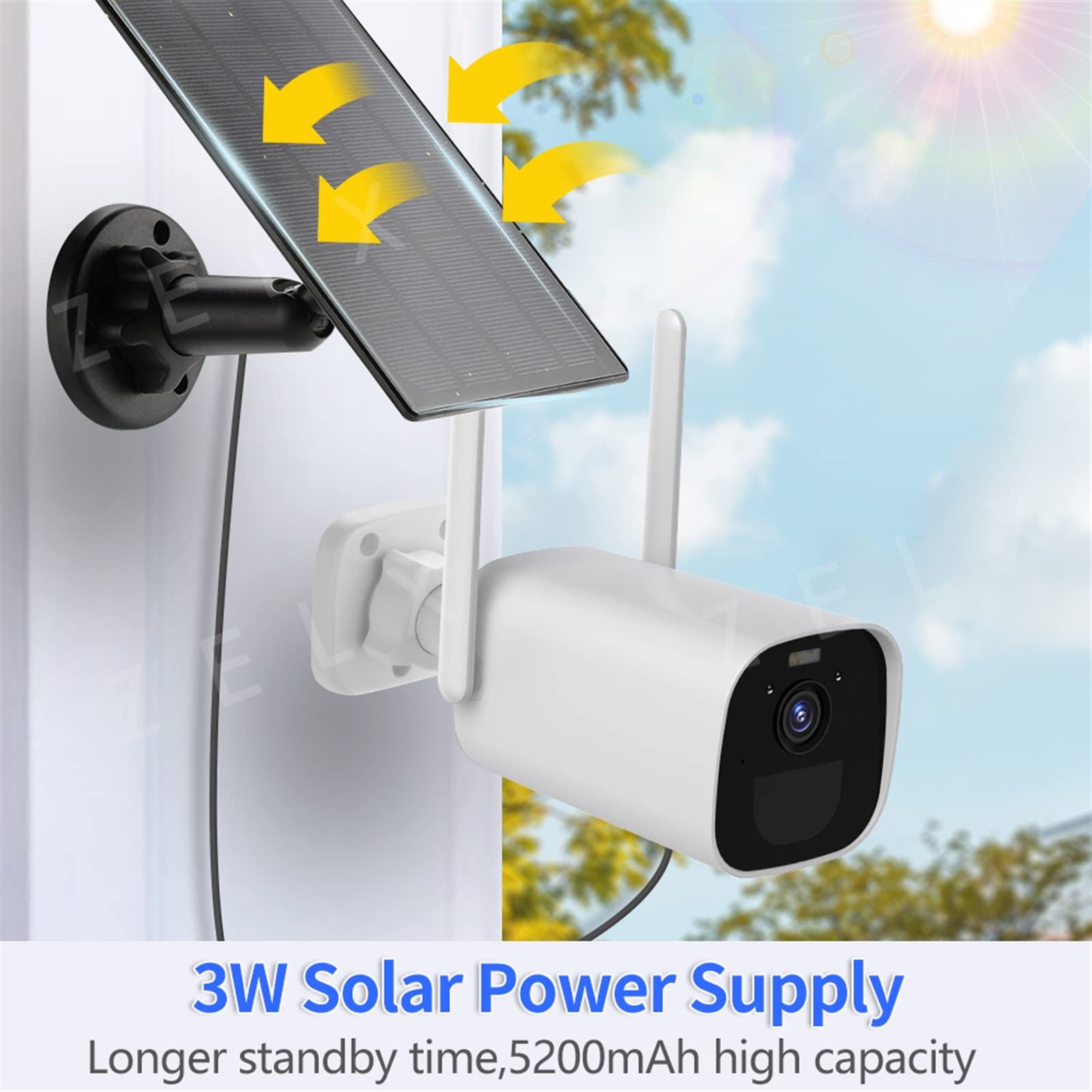 Telecamera WiFi Esterno, 3MP Bullet Camera 3W Pannello Solare Wireless Videosorveglianza CCTV Built-in 5200 mAh Batteria Ricaricabile Sicurezza Domestica,Sicurezza, Antifurto(3MP Camera)