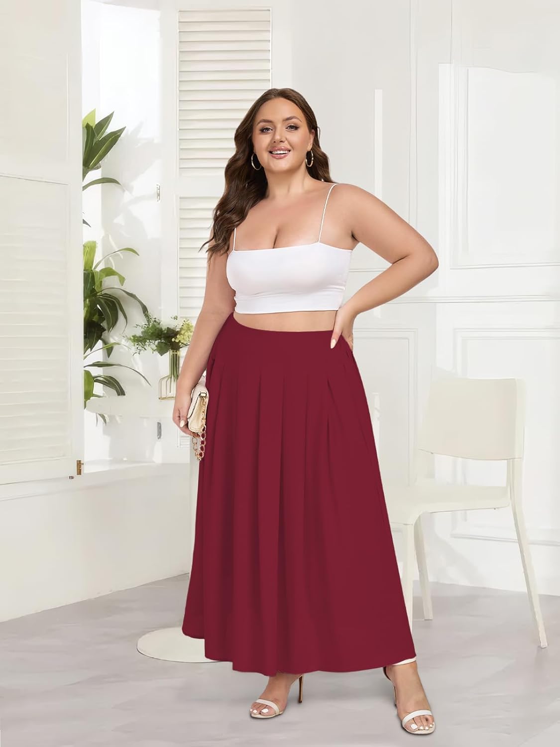 Moon Wood Women's Plus Size High Waist Elastic Long Maxi Skirt Flowy Pleated A-Line Casual Swing Summer Skirt with Pockets - Image 5