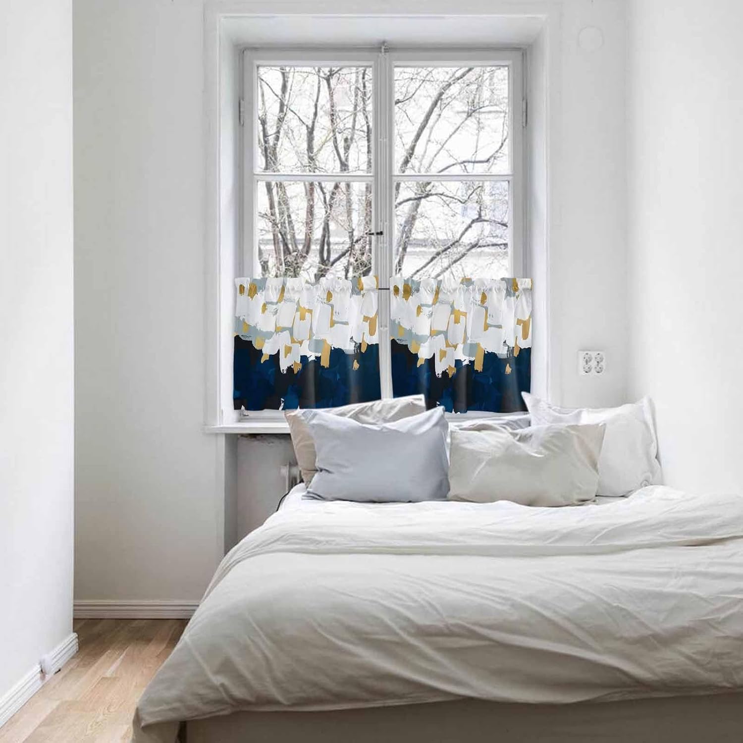 Abstract Navy Blue Kitchen Curtain 24 Inch Length, Small Short Cafe Tiers Curtains Drape, Geometric Modern White Painting Color, 2 Panel Window Treatment Rod Pocket Drapery Panels Curtains 55x24
