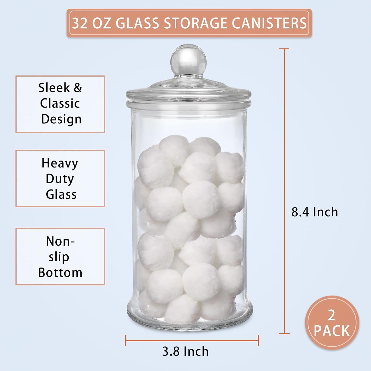 2 Pack Glass Apothecary Jars with Lids, 32oz Clear Bathroom Accessories Canisters Storage Organizer, Cotton Ball Holder Containers, Glass Jars for Bathroom, Vanity, Laundry Room