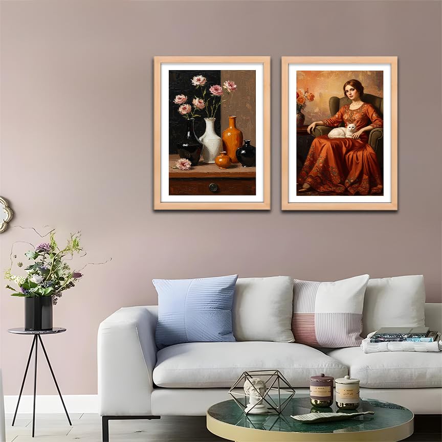 Image of NoWorries Modern art framed Wall paintings for home Decoration Living Room /Bedroom /Dining Room Decorative wall painting for Office hotel,cafe,room decor ''300 GSM Premium Poster Paper Print'' Cafeteria and Lounge - Synthetic Wooden Frames (pattern-illustration) (Set of 2, Framed Painting)(Frame Size-10x13inches) (BROWN)