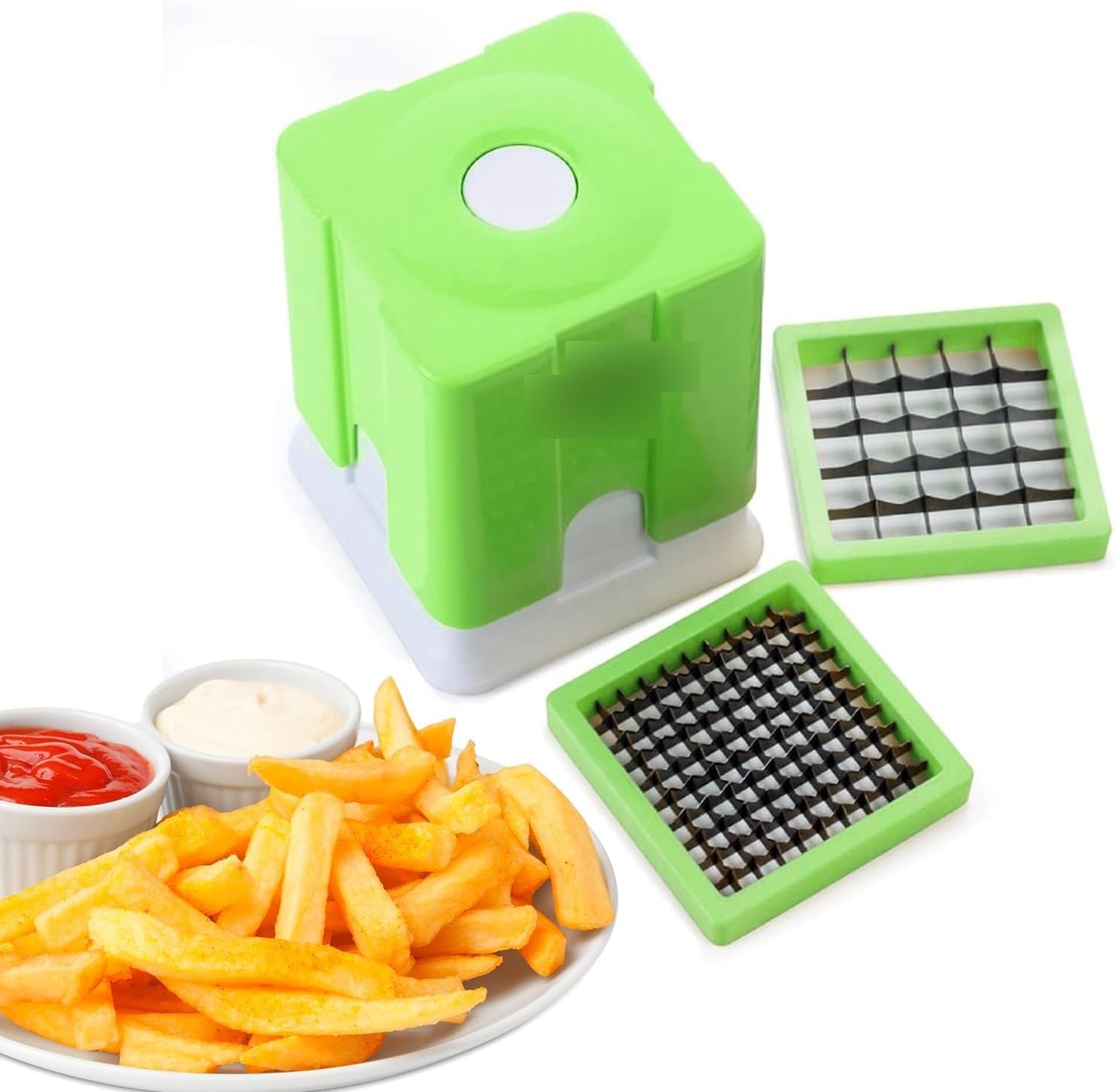 French Fry Cutter with Stainless Steel Blades, Potato Chopper with Push Function, Vegetable Dicer, Green