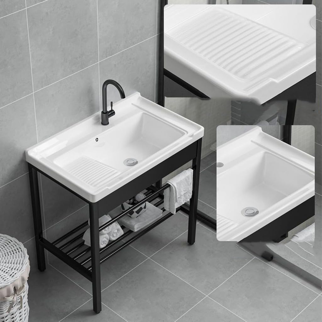 Fregadero Independiente for Lavandería, Lavabo de Cerámica con Tabla de Lavar Patas de Metal de Acero Inoxidable Soporte y Kit de Drenaje, for Lavadero, Lavadero, Garaje, Sótano ( Size : 60X48CM )