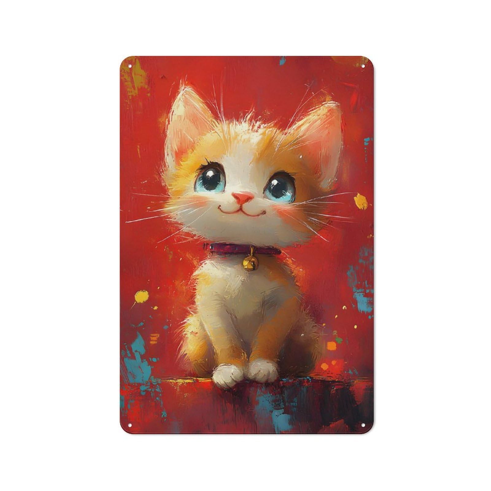 Junmoney Cute Kitten Painting Cottage Metal Wall Decor 30X20cm, Shed Metal Sign For Patio Bar, Workshop, Shed Or Kitchen
