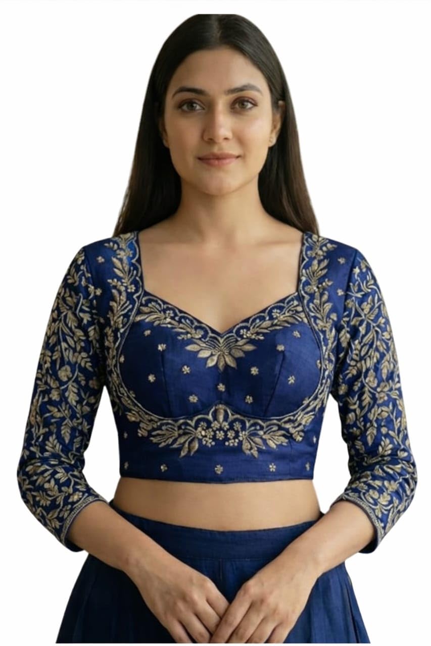 shrisay creation Women Dark Green Heavy Embroidered Silk Blouse with Long Sleeves, Deep Sweetheart Neck Front and Dori Tie Back Design for Saree and Ethnic Wear | Size 38 (Alterable 36–40)-picture-38