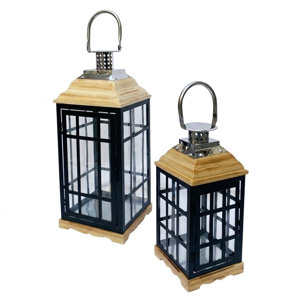 Set 2 Lanterne da Esterno in Ferro e Legno con Vetro Portacandele Giardino Terrazzo Portico Stile Rustico Moderno Lanterna Grande 56 cm + Piccola 39 cm Decorazione Outdoor