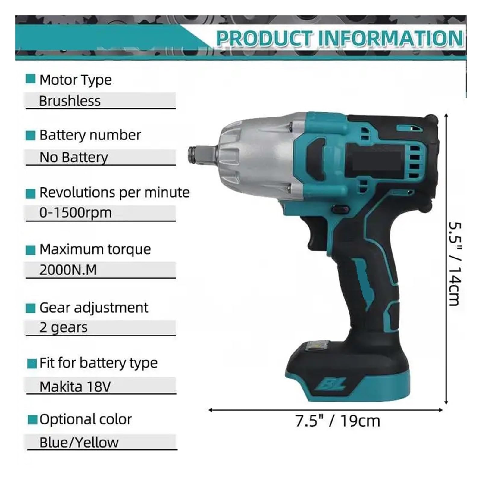 2000N.M Bezszczotkowy Akumulatorowy Elektryczny Klucz Udarowy Akumulator 1/2" Klucz Wiertarka Elektronarzędzia Do Akumulatora 18V Wysoki Moment Obrotowy(Blue)