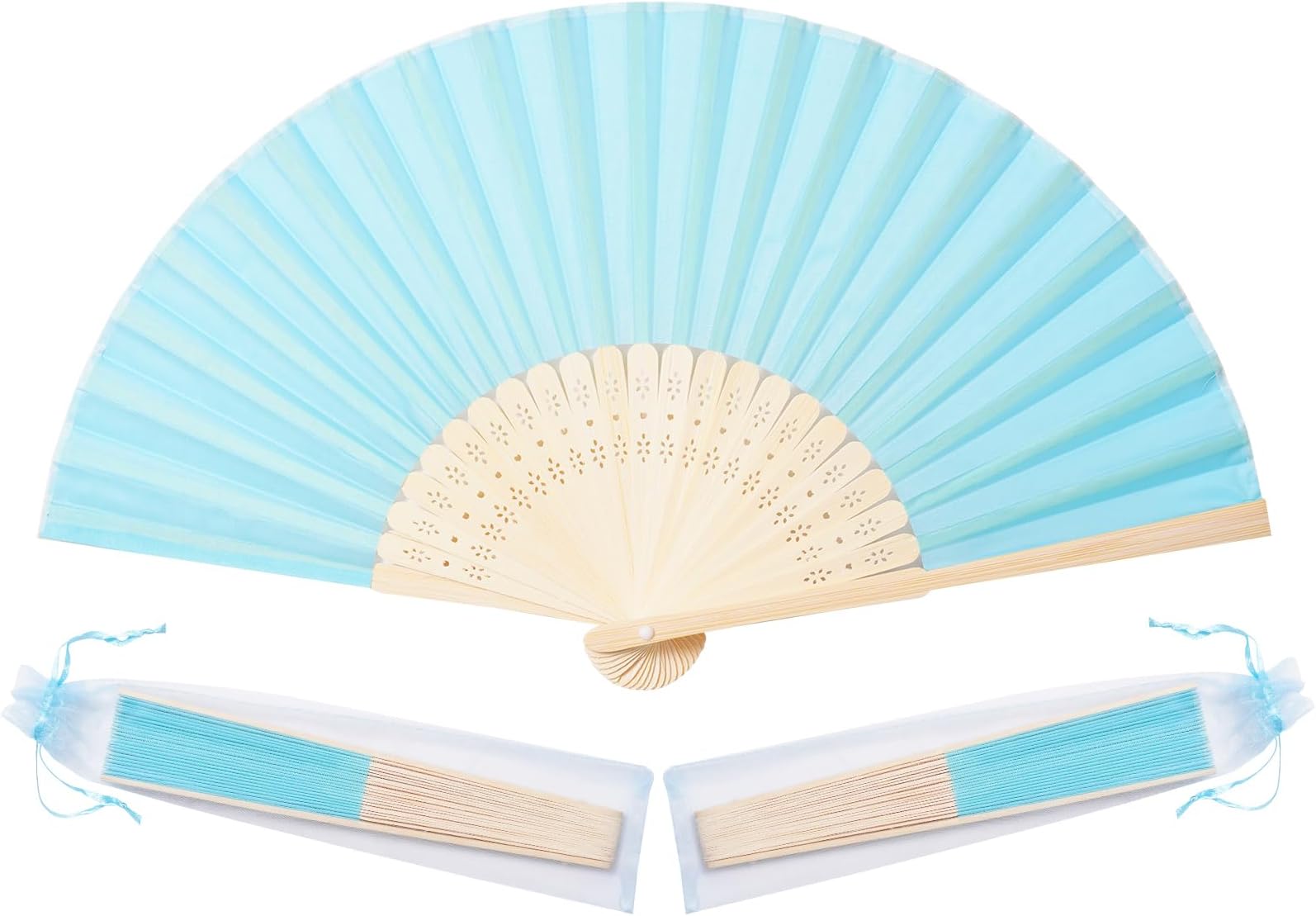 Sepwedd 50pcs Blue Imitated Silk Fabric Bamboo Folded Hand Fan Bridal Dancing Props Church Wedding party favors with Organza Bags