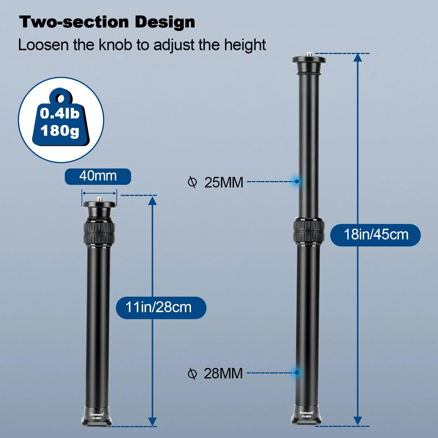 Koolehaoda Perche Télescopique en Aluminium en 2 Sections, Monopode avec Fixation Arca Swiss pour Trépieds, Rotules, Stabilisateurs et Appareils Photo, Charge Maximale 15 kg (KQ-2802A)