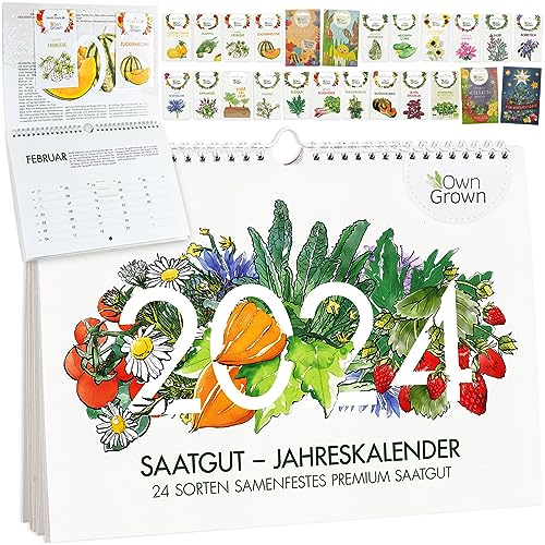 Saatgut Kalender 2024 Wandkalender A4: Garten Wandkalender 2024 – Monatskalender mit 24 Sorten...