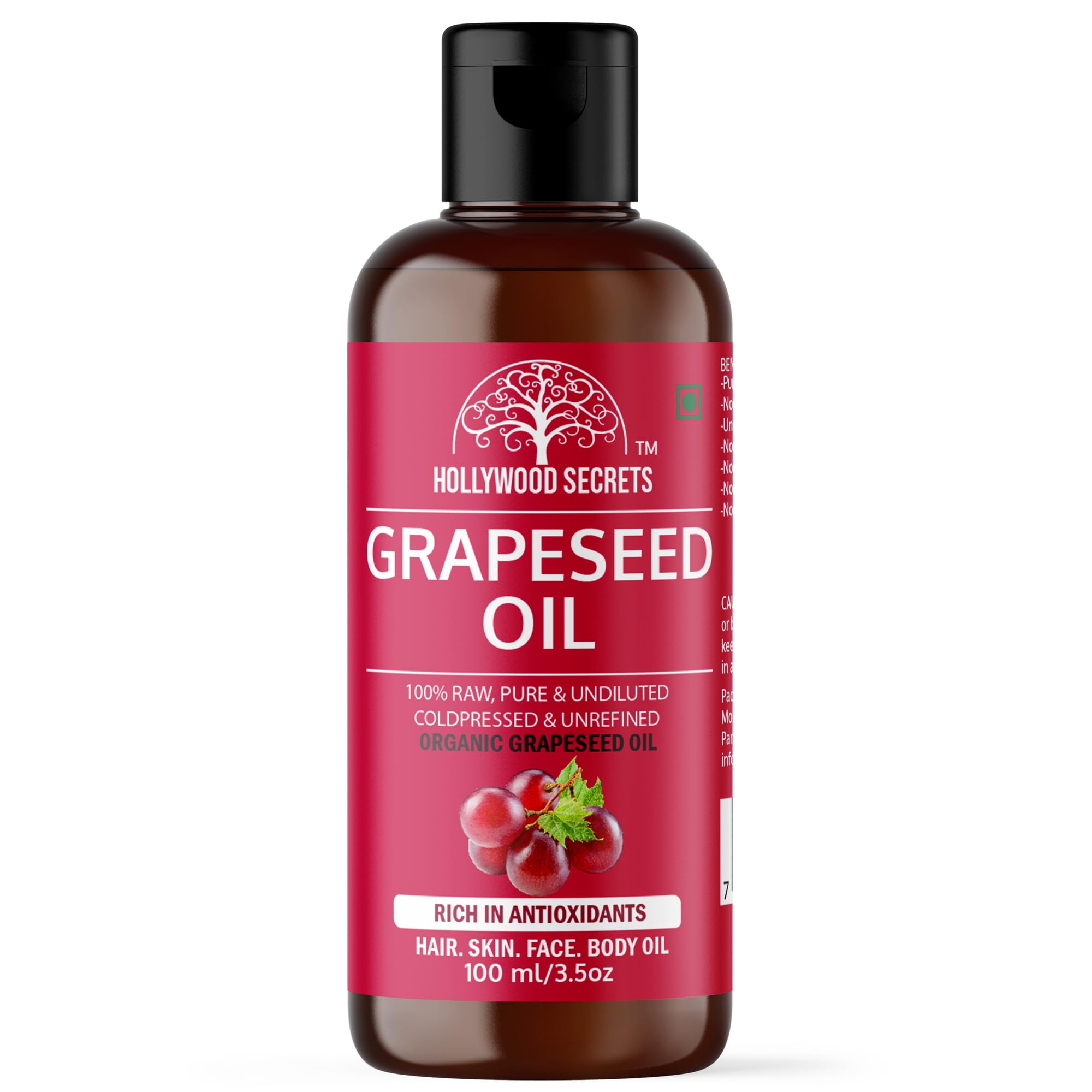 Organic Pure Cold Pressed Grapeseed Oil Hair Growth Lips Face Skin Massage 100 ml