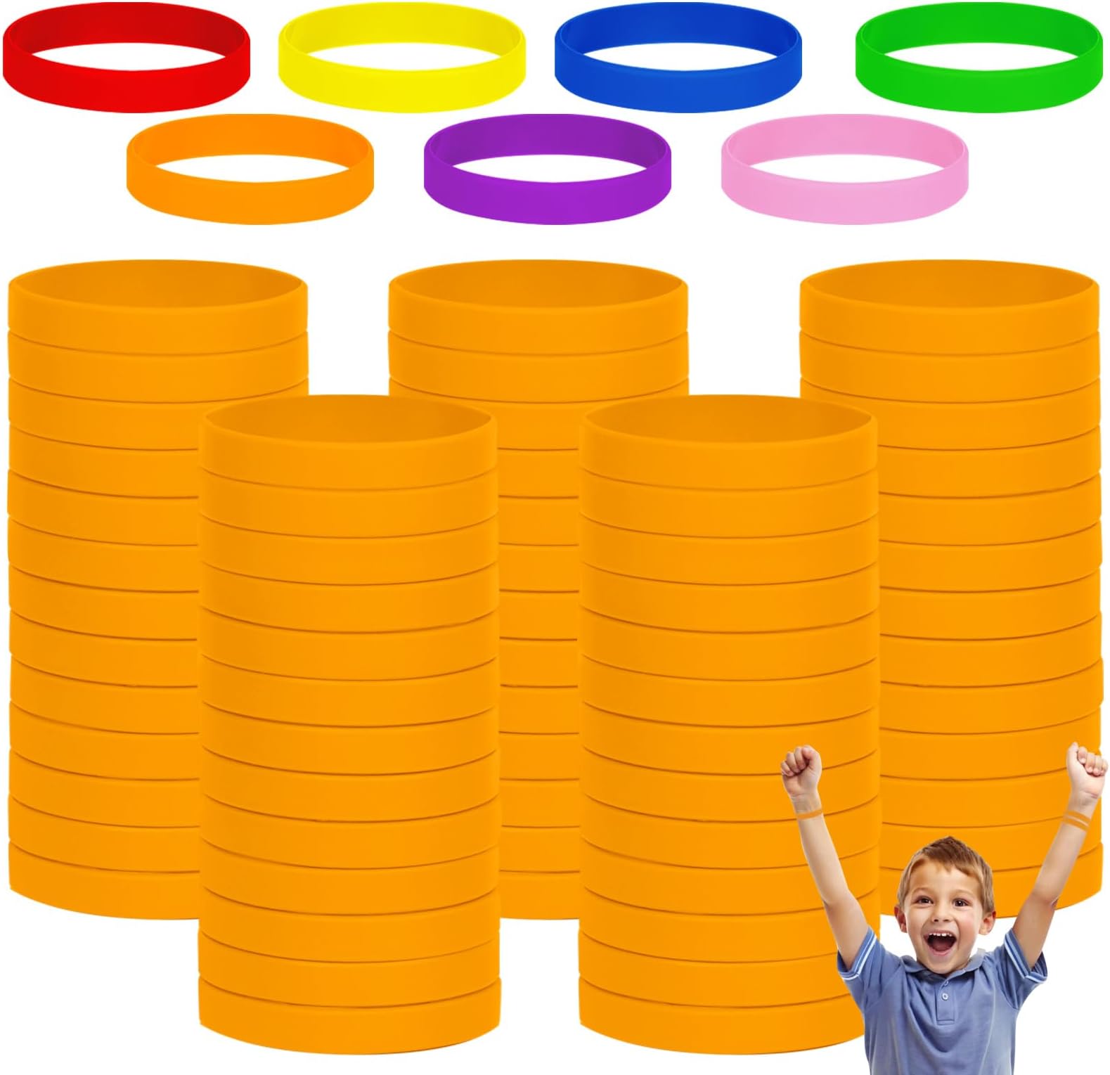 100PCS 6.3'' Silicone Wristbands for Kids Teens, Kids Blank Silicone Wristbands Elastic Bracelets Rubber Bracelet Wrist bands bulk Party Teacher Supplies Boys Gilrs Education Activities-Orange