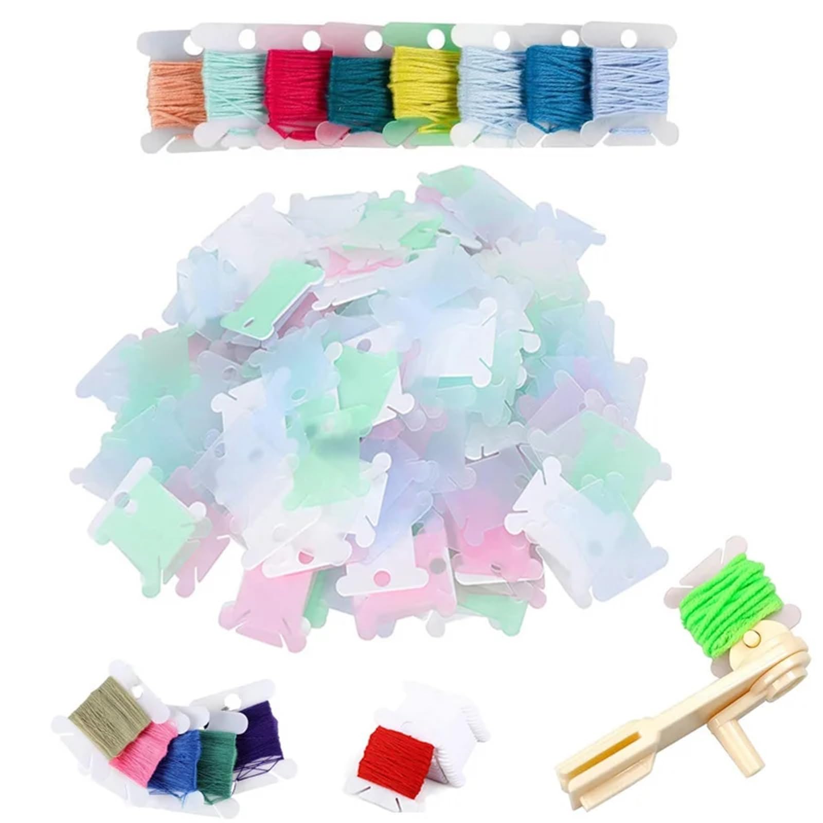 Obrót maszyny do szycia, Plastikowe szpulki nici dentystycznej 500 sztuk z nawijakiem szpulki Wielokolorowy uchwyt na nitkę do haftu krzyżykowego(Blu)
