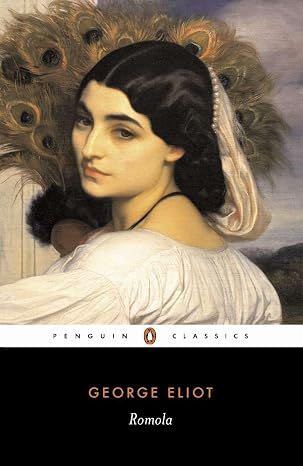 Romola by George Eliot, book cover depicting the character Romola, a close up of her face. She has pale skin and brown hair.