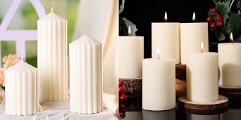 Soy Pillar Candles,3 Pack Cream White Ribbed Pillar Candles and 6 Pack Soy White Candles