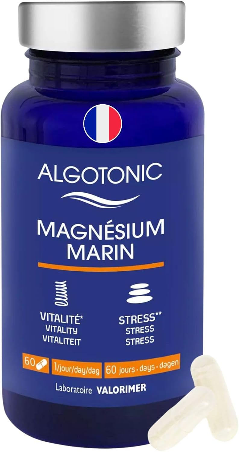 100% natural marine magnesium – 60 capsules – 60 day cure – Vitamin B6 – Strengthens the nervous system – Reduces fatigue