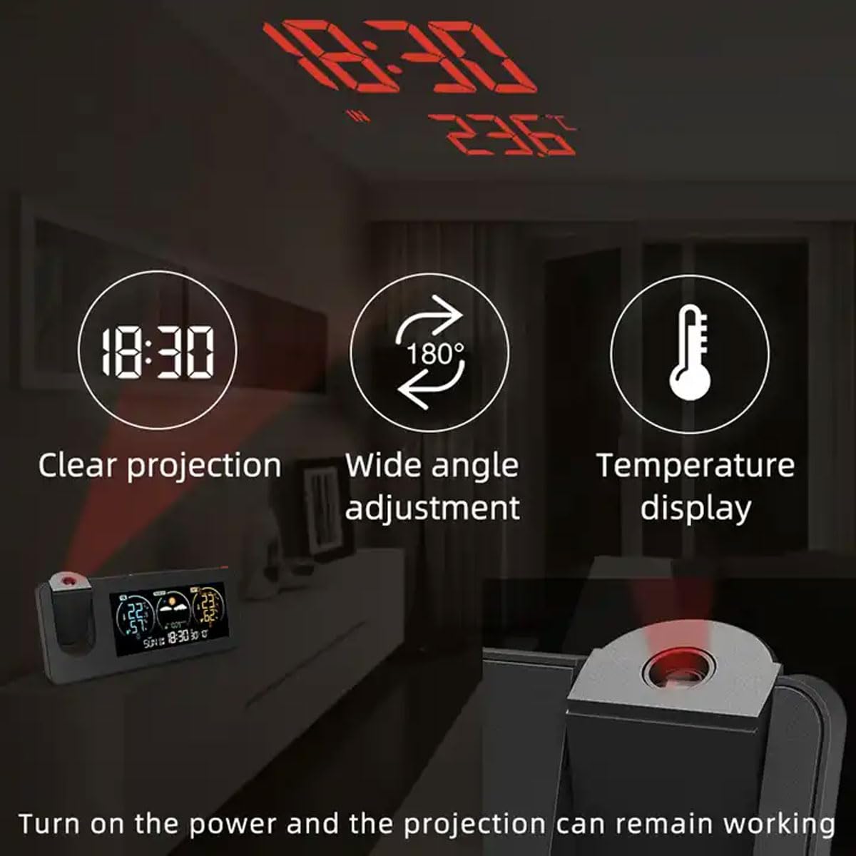 Projektionswecker, Tragbare Wetterstation Mit 180°-Projektor, Schlummerfunktion, Wettervorhersage, Zwei Alarmen, LED-Anzeige, USB-Ladegerät, 12/24 Stunden, Temperaturüberwachung