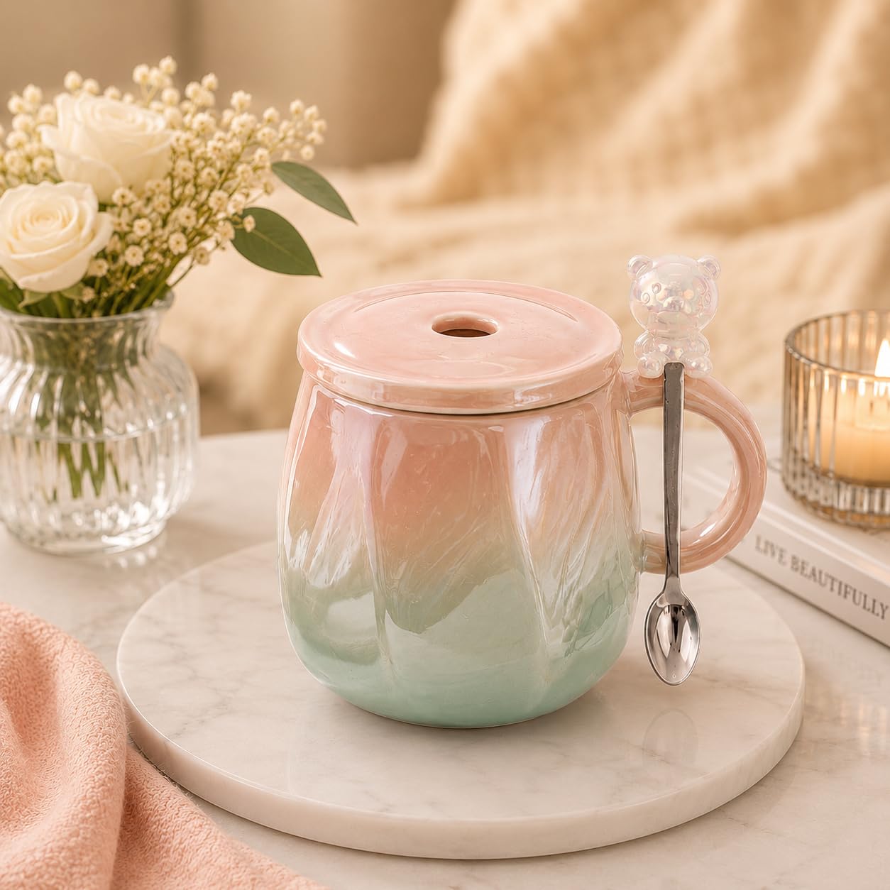 Ceramic Coffee Mug with Lid & Spoon | Premium Gradient Ceramic Tea Cup with Teddy Bear Spoon | Coffee Mug for Office & Home | Gift Mug for Women, Girls | Tea, Coffee, Milk & Hot Chocolate Mug