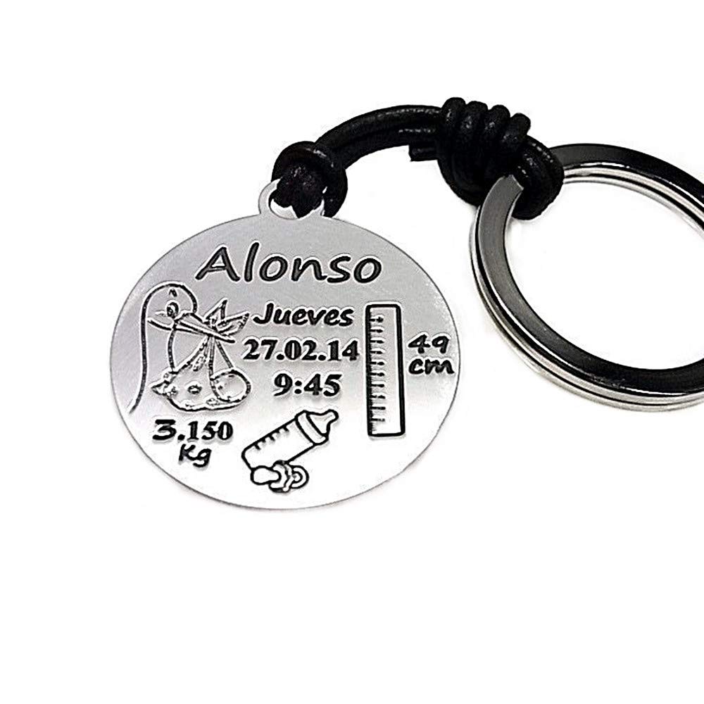 Llavero Plata Ley 925m Cuero Nacimiento Disco 30mm. Personalizado cigüeña bebé biberón Chupete Metro - Personalizable - GRABACIÓN INCLUIDA EN EL Precio