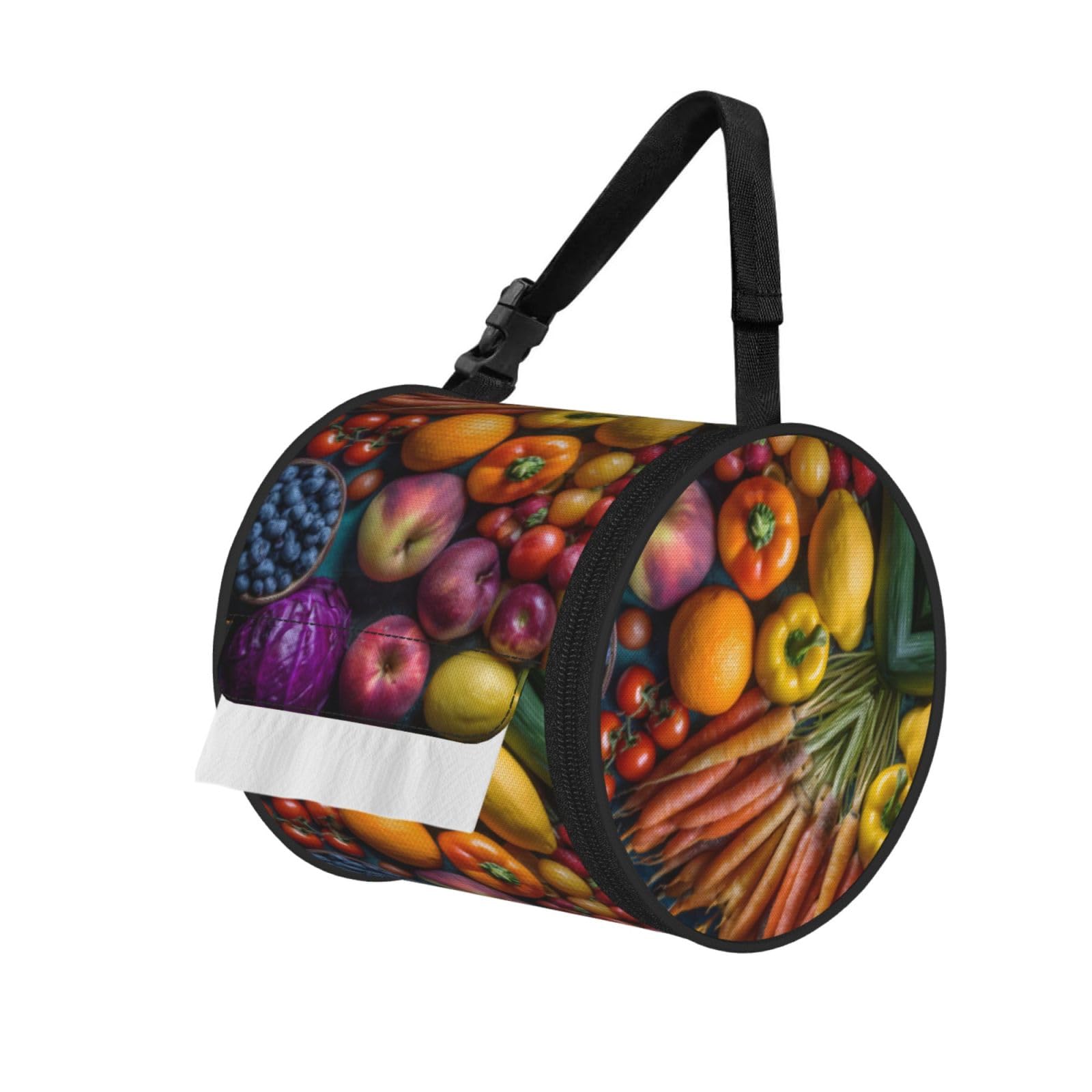 Fresh Fruits And Vegetables Printed Cylindrical Tissue Bag Portable Oxford Cloth, Foldable Travel Tissue Holder With Zipper And Adjustable Belt