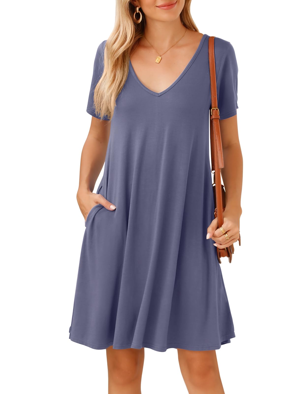 JollieLovin Women T Shirt Plus Size Summer Swing Dresses Short Sleeve V Neck Loose Casual Dress(L-5X)