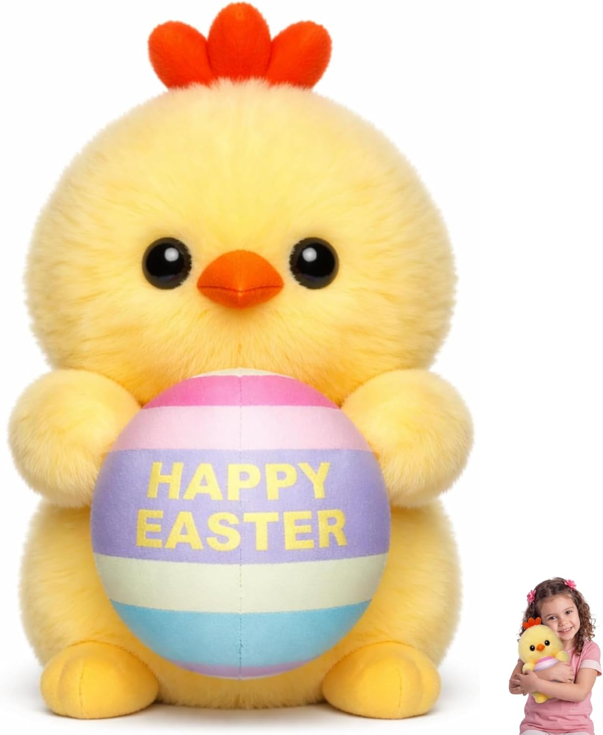 Hollowfly Easter Chick Plush Toy, 10 Inch Cute Yellow Chicken Holding Egg, Easter Basket Stuffers for Kids, Chick Stuffed Animal Gifts for Boys Girls, Spring Seasonal Party Decor