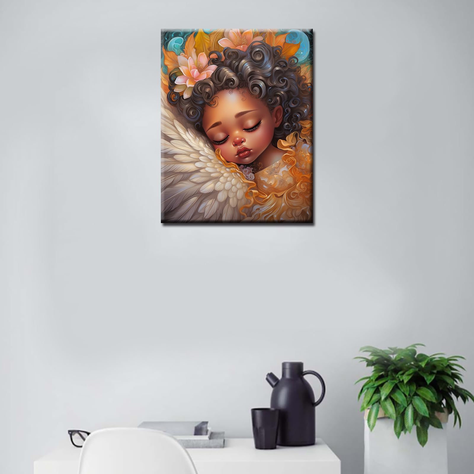 Black Girl Paint by Numbers for Adults Kids Beginner Fairy Angels Paint by Numbers on Canvas Cute Girl Painting Kits for Adults Acrylic Pigment Easy to Color Home Decor Gift16x20inch Frameless