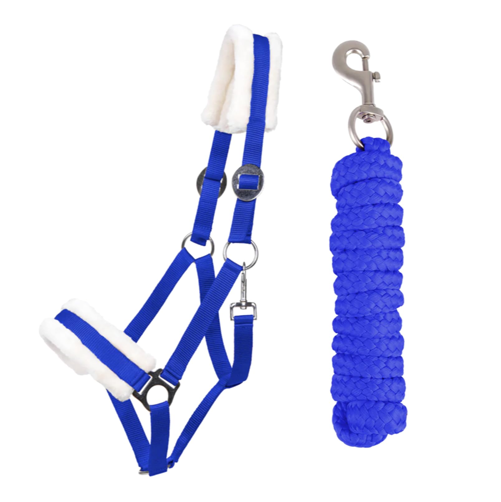 JA Horse Faux Fur Halter Lead Rope Set with Snap Hook Adjustable Horse Halter Horse Wooden Horse Tie Rope (Royal Blue, Cob)