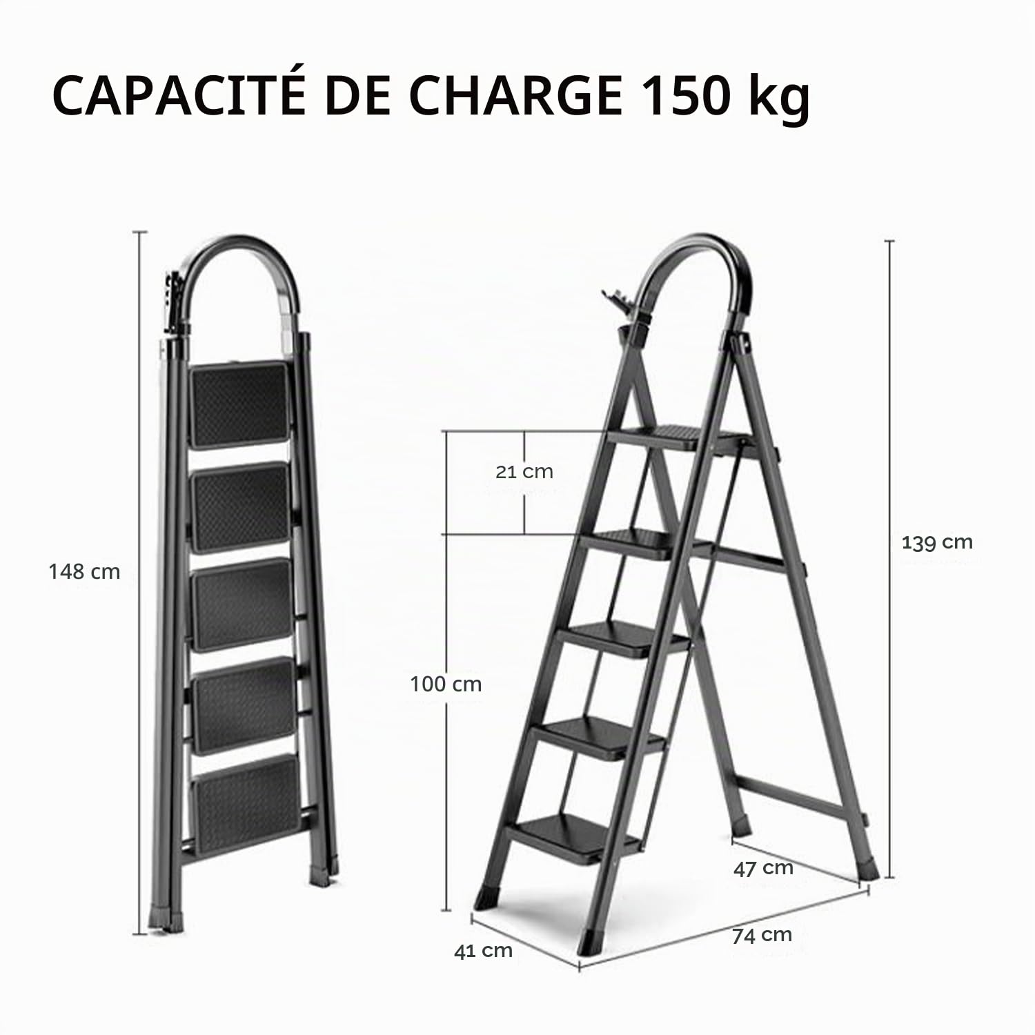 Escabeau avec main courante, échelle pliable avec plateforme, 3/4/5 échelons, pieds en fer à cheval antidérapants, larges marches pour maison, cuisine, jardin, 150 kg (noir, 5 échelons)