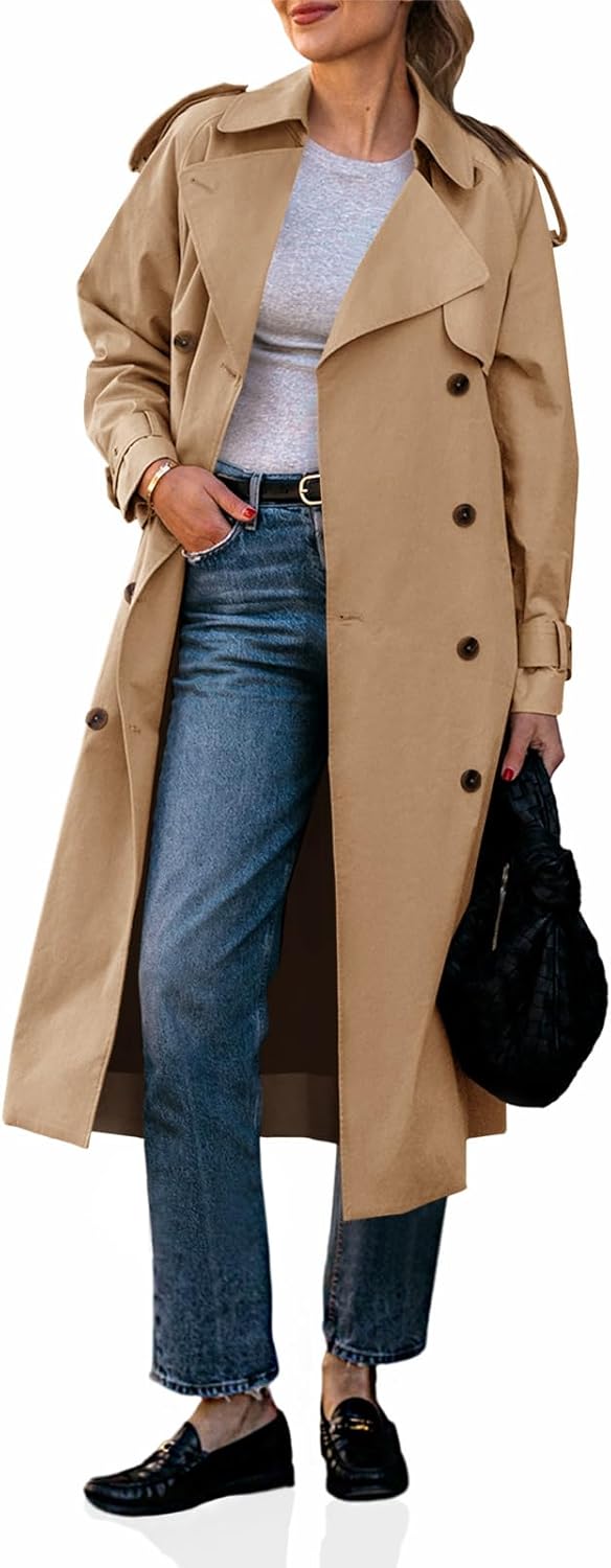 Cicy Bell Womens Long Trench Coat Double Breasted Classic Lapel Fall Overcoat with Belt