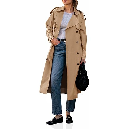 Cicy Bell Womens Long Trench Coat Double Breasted Classic Lapel Fall Overcoat with Belt