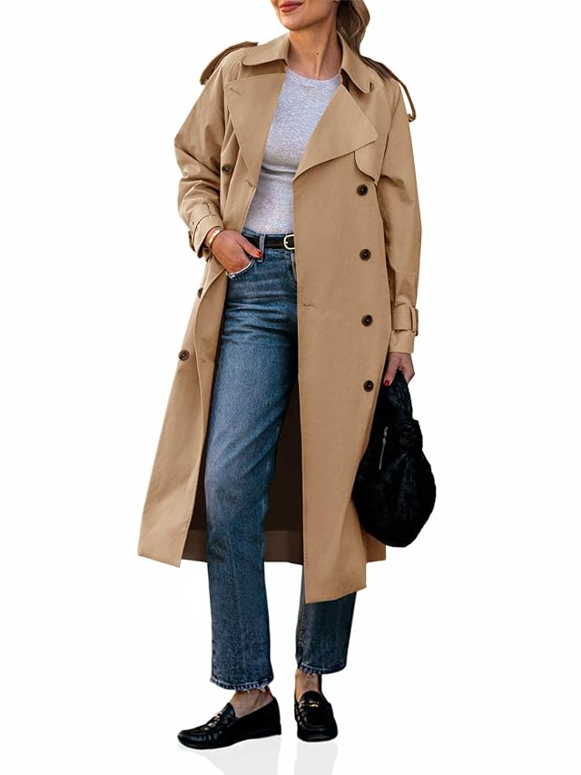Cicy Bell Womens Long Trench Coat Double Breasted Classic Lapel Fall Overcoat with Belt