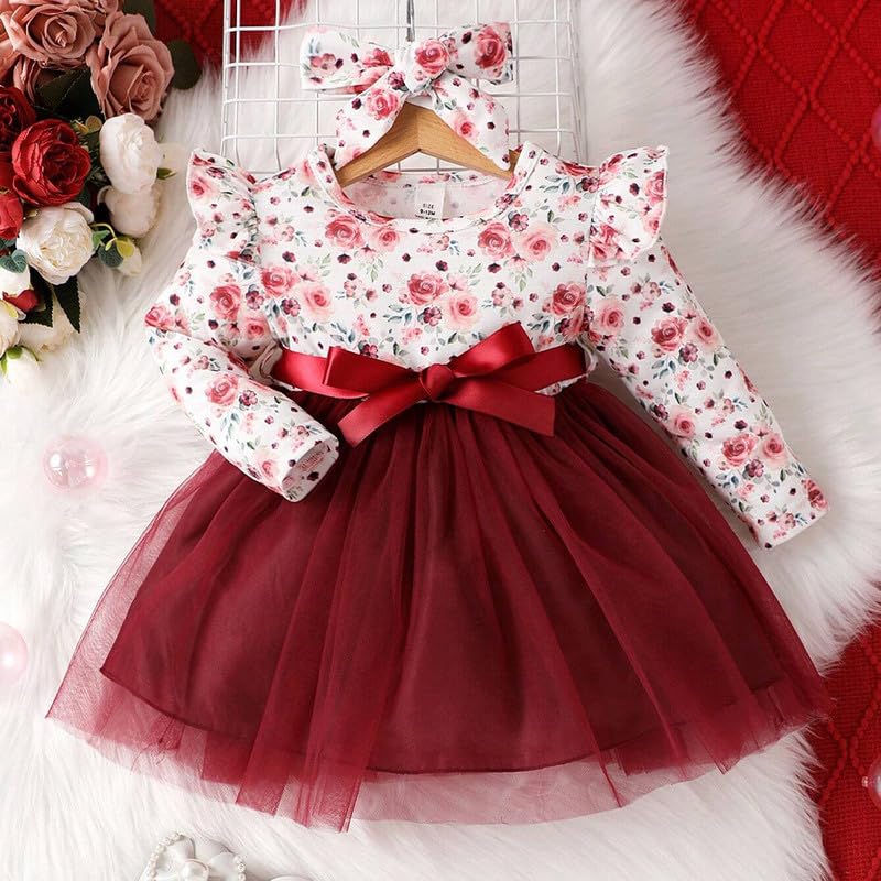 Image of Niren Enterprise Long Sleeve Printed Flower Belted Round Neck Baby Girl Frock with Knee-Length and A-Line Style