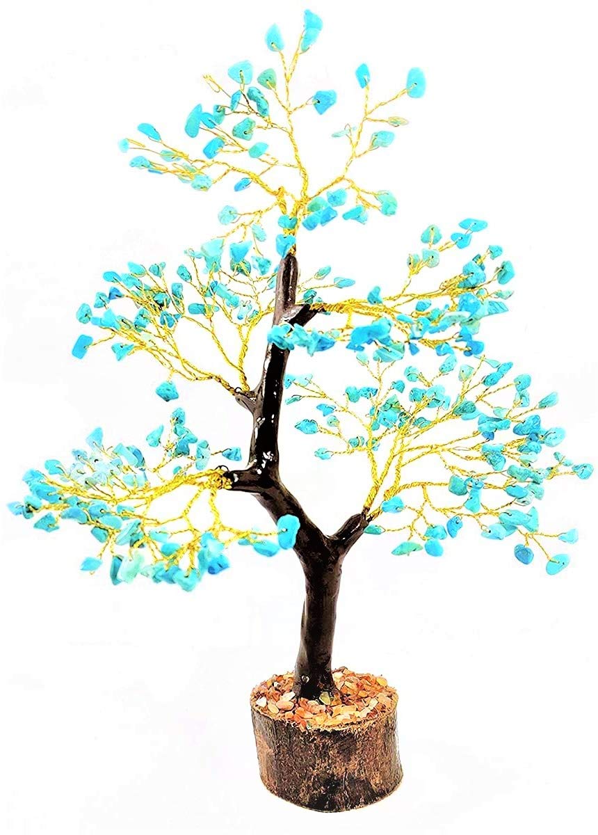 YATHABI Turquoise Crystal Sculpture - Feng Shui Money Tree - Good Luck, Positive Energy - Decorative Desk Accessory