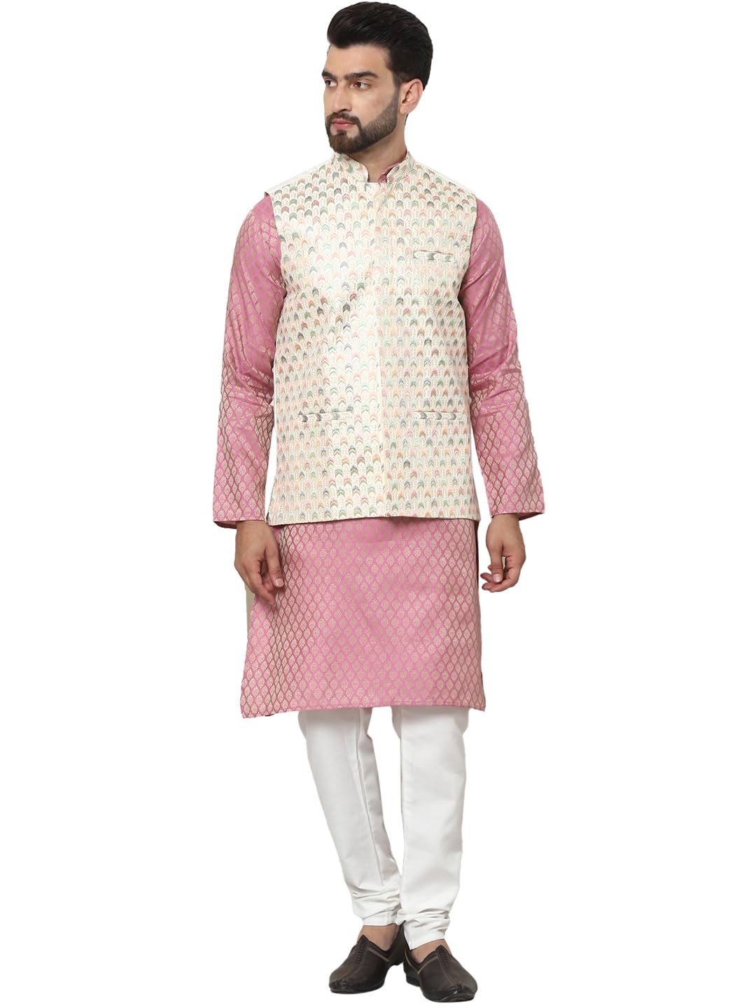 sojanya Men's Silk Blend Self Design Kurta and Cream Pyjama with Embroidered Nehru Jacket-picture-27