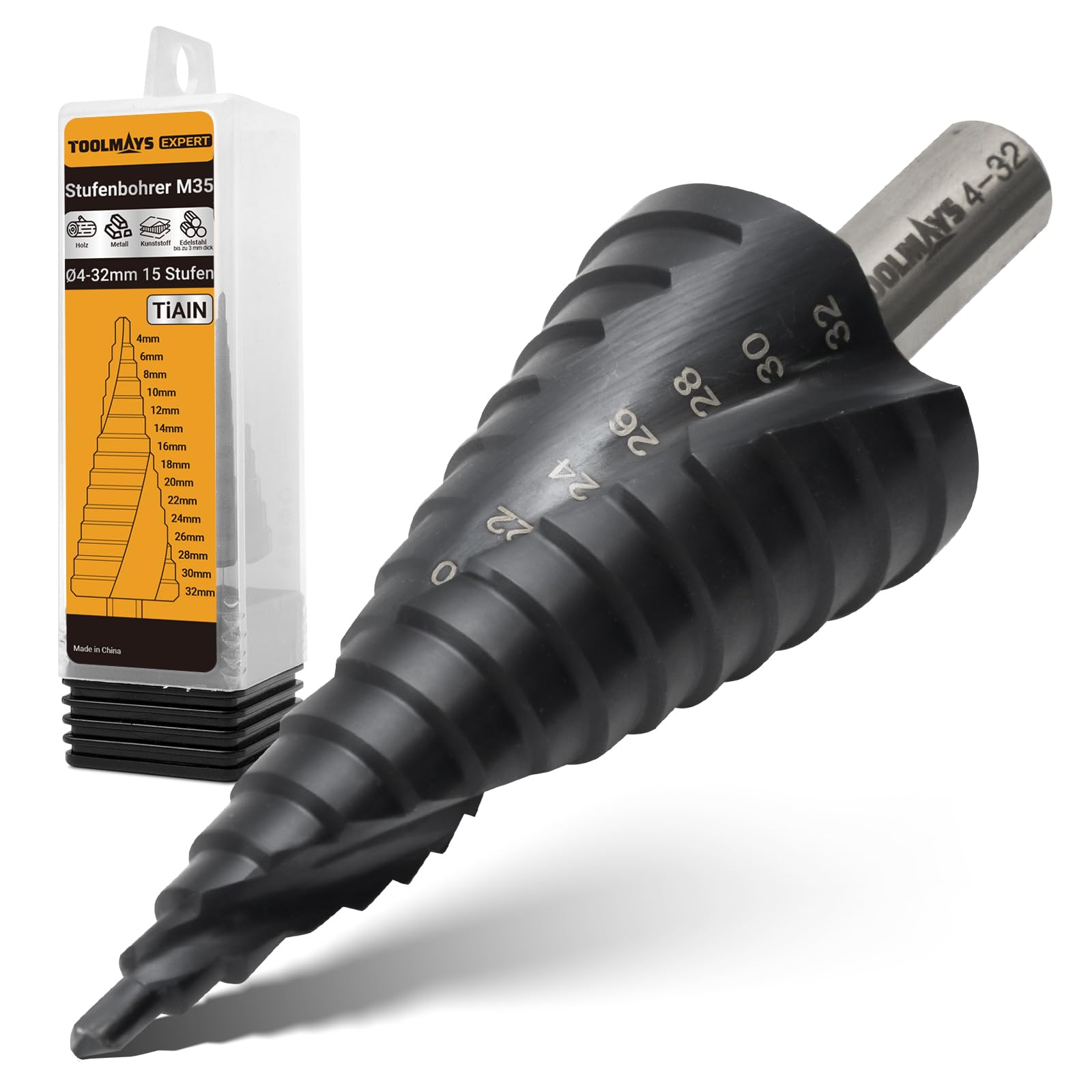 Broca Escalonada M35 AlTiN, 4-32 mm Broca Conica para Metal, 15 Pasos Brocas Escalonadas para Acero Inoxidable, Aluminio, Latón, Metal, Hierro, Madera, Plástico, PVC
